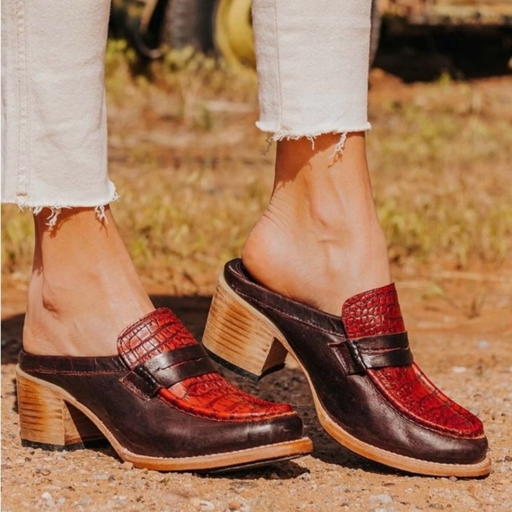 Freebird by Steven Brown/Wine and Red Leather Mules with Chunky Heel